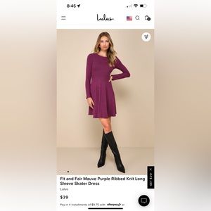 Lulu’s Mauve Purple “Fit and Fair Ribbed Knit Long Sleeve Skater Dress” Size S